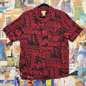 Panama Jack Mens Red Black Tropical Hawaiian Aloha Shirt Size L Hula Girls